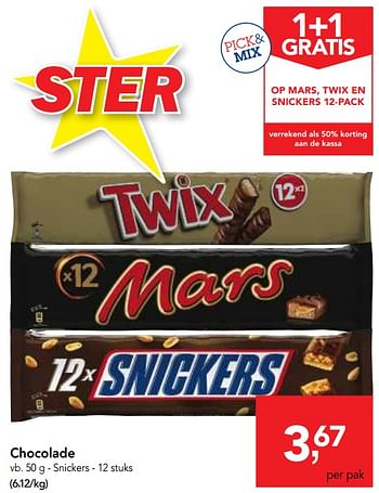 Promoties Snickers, mars of twix chocolade - Huismerk - Makro - Geldig van 14/02/2018 tot 27/02/2018 bij Makro