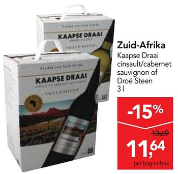 Promoties Zuid-afrika kaapse draai cinsault-cabernet sauvignon of droë steen - Rode wijnen - Geldig van 14/02/2018 tot 27/02/2018 bij Makro