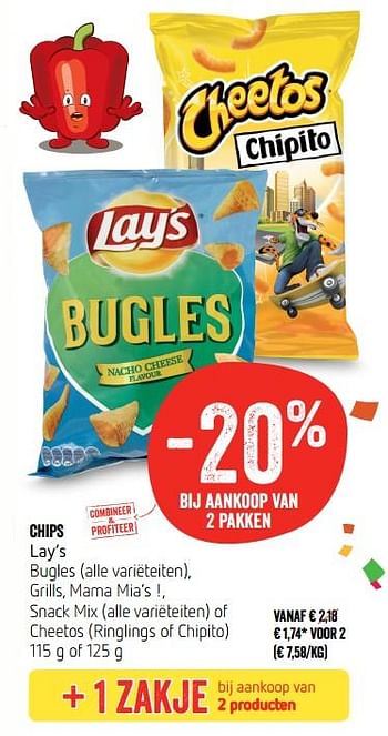 Promoties Chips lay`s bugles, grills, mama mia`s!, snack mix of cheetos - Huismerk - Delhaize - Geldig van 15/02/2018 tot 21/02/2018 bij Delhaize