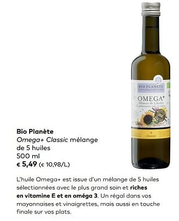 Promotions Bio planète omega+ classic mélange de 5 huiles - Bio-Planète - Valide de 07/02/2017 à 06/03/2018 chez Bioplanet