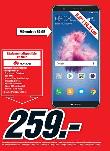 Promotions Huawei p smart dual sim smartphone 5.6 - Huawei - Valide de 12/02/2018 à 18/02/2018 chez Media Markt