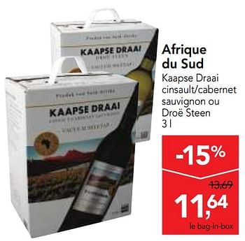 Promotions Afrique du sud kaapse draai cinsault-cabernet sauvignon ou droë stee - Vins rouges - Valide de 14/02/2018 à 27/02/2018 chez Makro