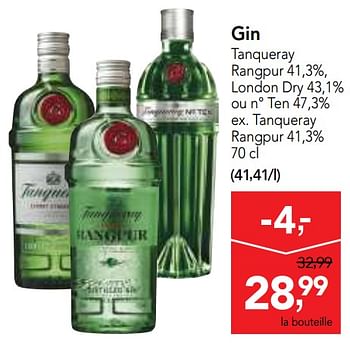 Promotions Gin tanqueray rangpur 41,3%, london dry 43,1% ou n° ten 47,3% ex. tanqueray rangpur 41,3% - London - Valide de 14/02/2018 à 27/02/2018 chez Makro