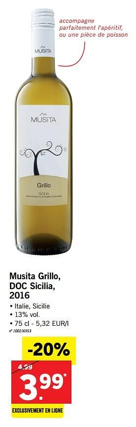 Promotions Musita grillo, doc sicilia, 2016 - Vins blancs - Valide de 19/02/2018 à 24/02/2018 chez Lidl
