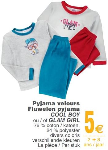 Promoties Pyjama velours fluwelen pyjama cool boy ou - of glam girl - Huismerk - Cora - Geldig van 13/02/2018 tot 26/02/2018 bij Cora