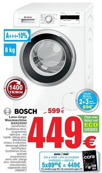 Promoties Bosch lave-linge wasmachine wan28080 - Bosch - Geldig van 13/02/2018 tot 26/02/2018 bij Cora
