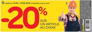 Promotions -20% sur un article au choix - Produit maison - BricoPlanit - Valide de 13/02/2018 à 19/02/2018 chez BricoPlanit