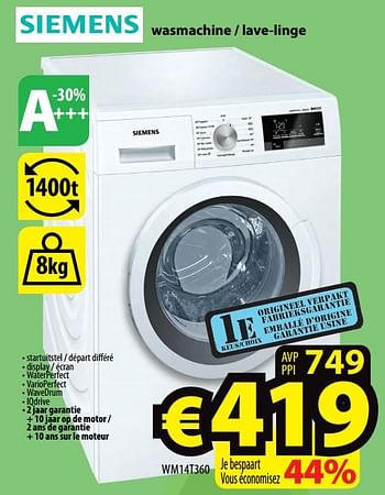 Promoties Siemens wasmachine - lave-linge wm14t360 - Siemens - Geldig van 15/02/2018 tot 21/02/2018 bij ElectroStock