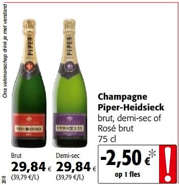 Promoties Champagne piper-heidsieck brut, demi-sec of rosé brut - Piper-Heidsieck - Geldig van 14/02/2018 tot 27/02/2018 bij Colruyt