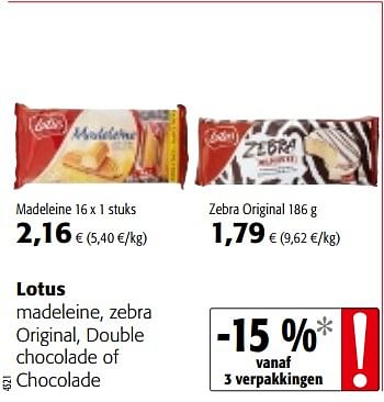 Promoties Lotus madeleine, zebra original, double chocolade of chocolade - Lotus Bakeries - Geldig van 14/02/2018 tot 27/02/2018 bij Colruyt