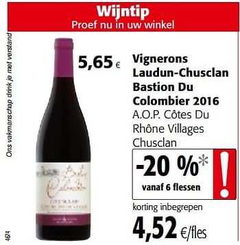 Promoties Vignerons laudun-chusclan bastion du colombier 2016 a.o.p. côtes du rhône villages chusclan - Rode wijnen - Geldig van 14/02/2018 tot 27/02/2018 bij Colruyt