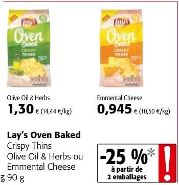Promotions Lay`s oven baked crispy thins olive oil + herbs ou emmental cheese - Lay's - Valide de 14/02/2018 à 27/02/2018 chez Colruyt