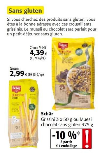 Promotions Schär grissini ou muesli chocolat sans gluten - Schar - Valide de 14/02/2018 à 27/02/2018 chez Colruyt