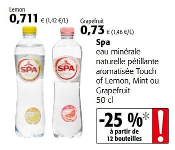 Promotions Spa eau minérale naturelle pétillante aromatisée touch of lemon, mint ou grapefruit - Spa - Valide de 14/02/2018 à 27/02/2018 chez Colruyt