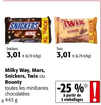 Promotions Milky way, mars, snickers, twix ou bounty toutes les minibarres chocolatées - Mars Snacks - Valide de 14/02/2018 à 27/02/2018 chez Colruyt