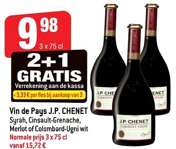 Promoties Vin de pays j.p. chenet syrah, cinsault.grenache, merlot of colombard-ugni wit - Rode wijnen - Geldig van 21/02/2018 tot 27/02/2018 bij Smatch