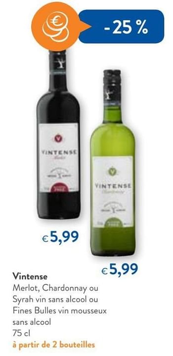 Promoties Vintense merlot, chardonnay ou syrah vin sans alcool - Rode wijnen - Geldig van 14/02/2018 tot 27/02/2018 bij OKay