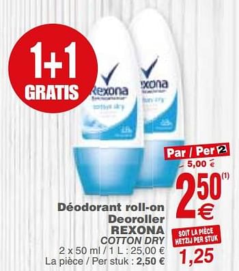 Promotions Déodorant roll-on deoroller rexona cotton dry - Rexona - Valide de 20/02/2018 à 26/02/2018 chez Cora