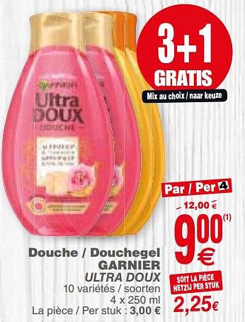 Promoties Douche - douchegel garnier ultra doux - Garnier - Geldig van 20/02/2018 tot 26/02/2018 bij Cora