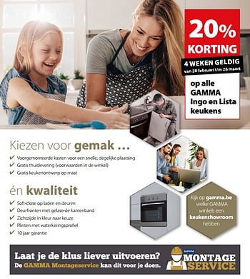 Promoties 20% korting op alle gamma ingo en lista keukens - Huismerk - Gamma - Geldig van 28/02/2018 tot 26/03/2018 bij Gamma