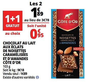 Promotions Chocolat au lait aux éclats de noisettes caramélisées et d`amandes c - Cote D'Or - Valide de 21/02/2018 à 27/02/2018 chez Auchan Ronq