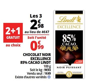 Promoties Chocolat noir excellence 85% cacao lindt - Lindt - Geldig van 21/02/2018 tot 27/02/2018 bij Auchan