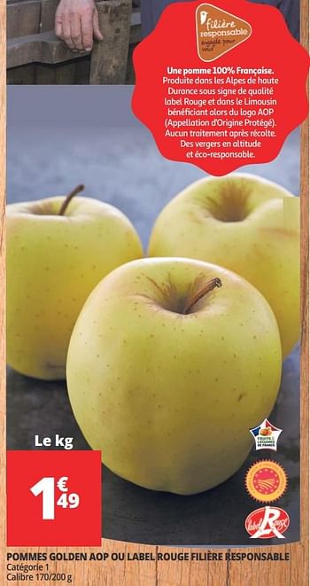 Promotions Pommes golden aop ou label rouge filiére responsable - Label Rouge - Valide de 21/02/2018 à 27/02/2018 chez Auchan Ronq