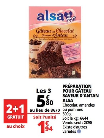 Promoties Préparation pour gâteau saveur d`antan alsa - Alsa - Geldig van 21/02/2018 tot 27/02/2018 bij Auchan
