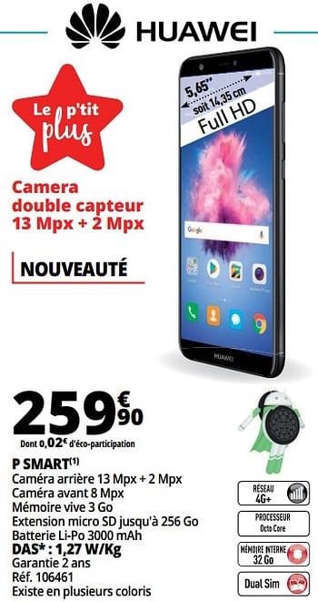 Promotions Huawei p smart - Huawei - Valide de 21/02/2018 à 27/02/2018 chez Auchan Ronq