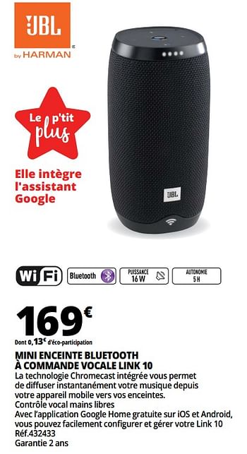 Promotions Mini enceinte bluetooth à commande vocale link 10 - JBL - Valide de 21/02/2018 à 27/02/2018 chez Auchan Ronq