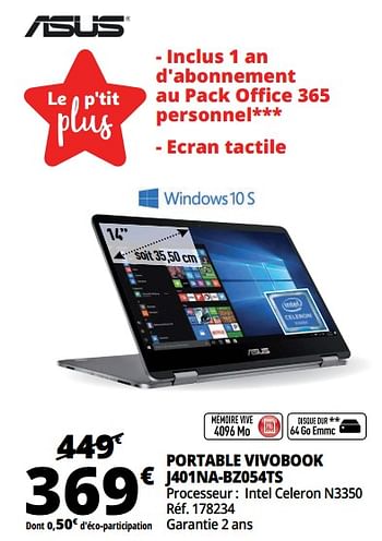 Promoties Portable vivobook j401na-bz054ts - Asus - Geldig van 21/02/2018 tot 27/02/2018 bij Auchan