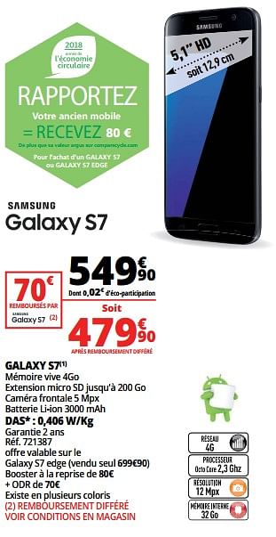 Promotions Samsung galaxy s7 - Samsung - Valide de 21/02/2018 à 27/02/2018 chez Auchan Ronq