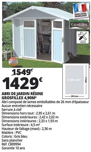 Promotions Abri de jardin résine grosfillex 4,90m² - Grosfillex - Valide de 21/02/2018 à 06/03/2018 chez Auchan Ronq