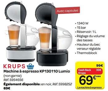 Promotions Krups machine à espresso kp130110 lumio - Krups - Valide de 21/02/2018 à 05/03/2018 chez Carrefour
