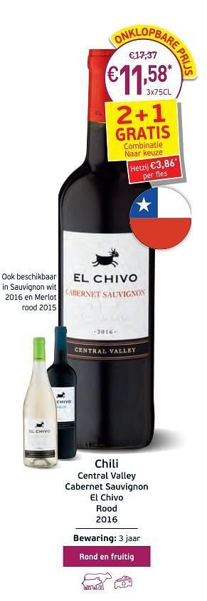 Promotions Central valley cabernet sauvignon el chivo rood 2016 - Vins rouges - Valide de 27/02/2018 à 18/03/2018 chez Intermarche