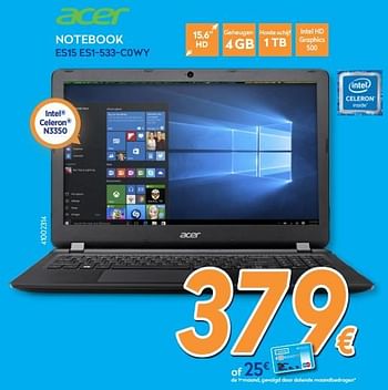 Promotions Acer notebook es15 es1-533-c0wy - Acer - Valide de 26/02/2018 à 25/03/2018 chez Krefel