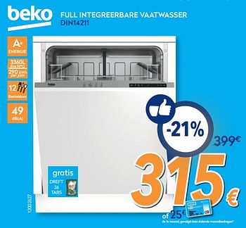 Promotions Beko full integreerbare vaatwasser din14211 - Beko - Valide de 26/02/2018 à 25/03/2018 chez Krefel