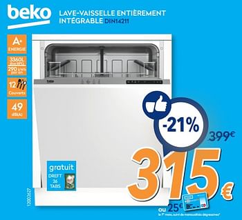Promotions Beko lave-vaisselle entièrement intégrable din14211 - Beko - Valide de 26/02/2018 à 25/03/2018 chez Krefel