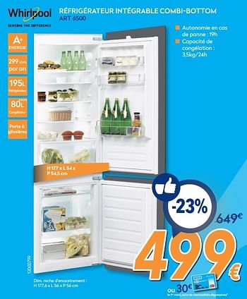 Promoties Whirlpool réfrigérateur intégrable combi-bottom art 6500 - Whirlpool - Geldig van 26/02/2018 tot 25/03/2018 bij Krefel