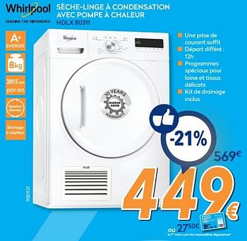 Promotions Whirlpool sèche-linge à condensation avec pompe à chaleur hdlx 80311 - Whirlpool - Valide de 26/02/2018 à 25/03/2018 chez Krefel