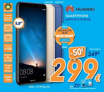 Promotions Huawei smartphone mate 10 lite blue - Huawei - Valide de 26/02/2018 à 25/03/2018 chez Krefel