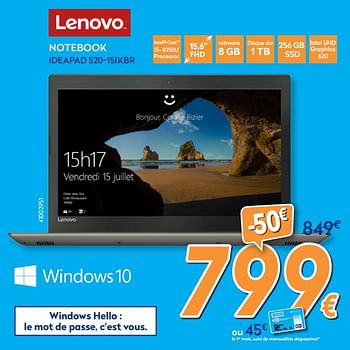 Promotions Lenovo notebook ideapad 520-15ikbr - Lenovo - Valide de 26/02/2018 à 25/03/2018 chez Krefel