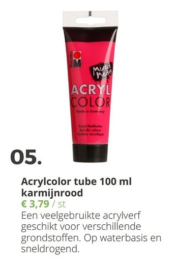 Promoties Acrylcolor tube 100 ml karmijnrood - Marabu - Geldig van 01/03/2018 tot 10/04/2018 bij Ava