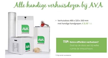 Promoties Verhuisdoos 480 x 320 x 360 mm met handige handgrepen - Huismerk - Ava - Geldig van 01/03/2018 tot 10/04/2018 bij Ava