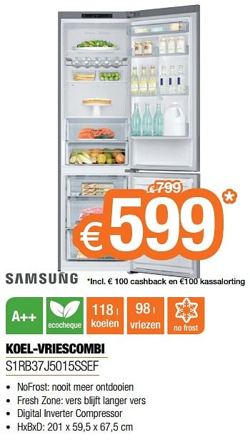Promoties Samsung koel-vriescombi s1rb37j5015ssef - Samsung - Geldig van 20/02/2018 tot 31/03/2018 bij Expert