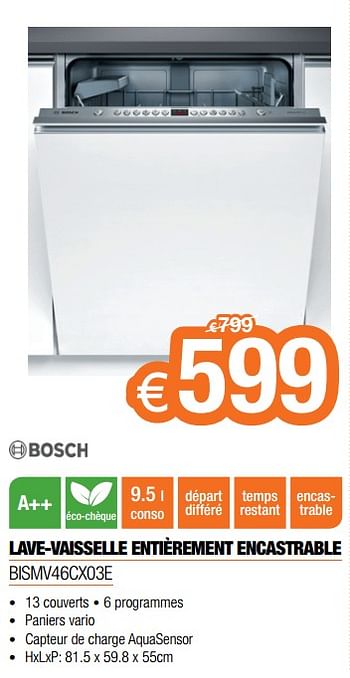 Promotions Bosch lave-vaisselle entièrement encastrable bismv46cx03e - Bosch - Valide de 20/02/2018 à 31/03/2018 chez Expert