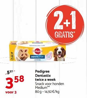 Promoties Pedigree dentastix twice a week snack voor honden - Pedigree - Geldig van 28/02/2018 tot 11/03/2018 bij Tom&Co