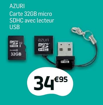 Promotions Azuri carte 32gb micro sdhc avec lecteur usb - Azuri - Valide de 01/03/2018 à 01/04/2018 chez Base