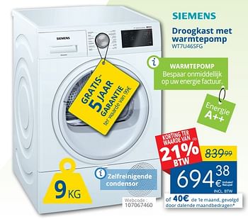 Promoties Siemens droogkast met warmtepomp wt7u46sfg - Siemens - Geldig van 01/03/2018 tot 28/03/2018 bij Eldi