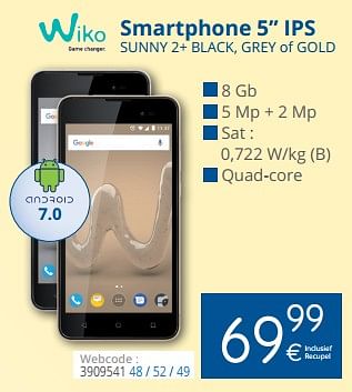 Promoties Wiko smartphone 5`` ips sunny 2+ black, grey of gold - Wiko - Geldig van 01/03/2018 tot 28/03/2018 bij Eldi